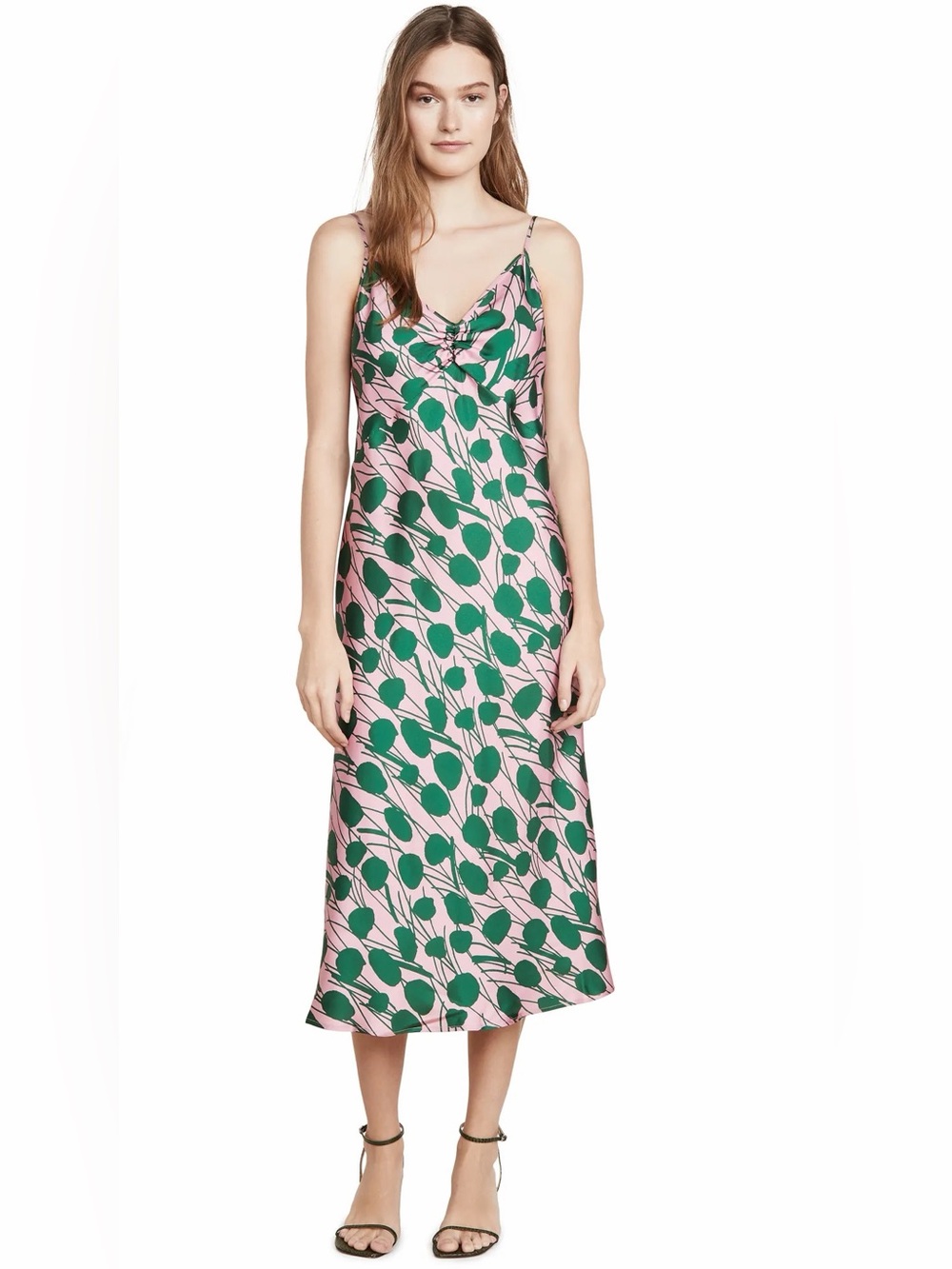 LA DOUBLE J Silk Pink Slip Dress with Green Leaf Print